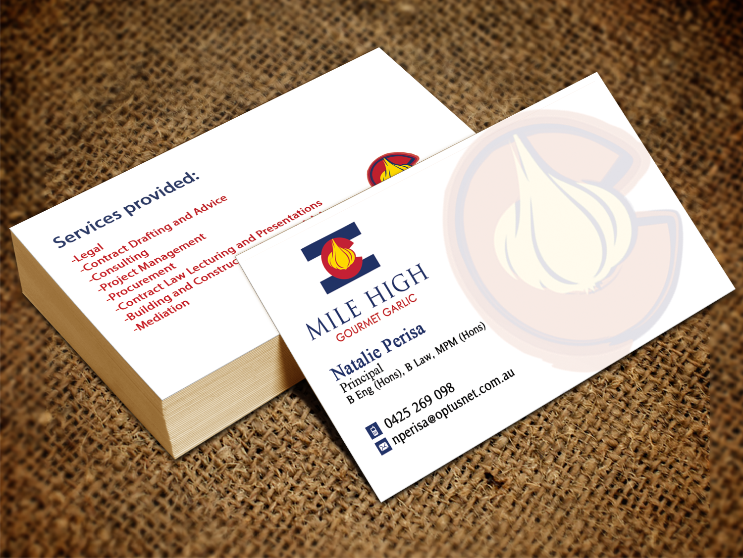 Business Card Design by Pixi Dust for Mile High Gourmet Garlic,LLC | Design #13648833