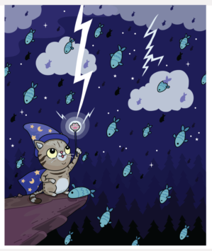 Caterina the Cat Wizard makes fishes rain | Illustration Design by Frontino graphic studio