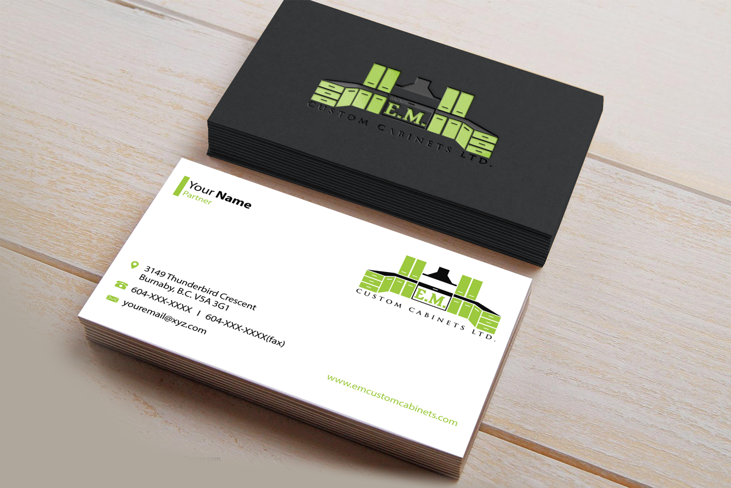Business Card Design by Riz' for E.M. Custom Cabinets Ltd. | Design #14234064