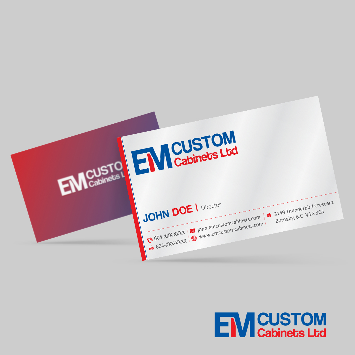 Design de Carte de Visite par e-graphics pour E.M. Custom Cabinets Ltd. | Design #14226048
