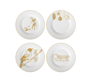 4-piece dinnerware set featuring vintage gold Christmas images | Illustration Design by Alexandar