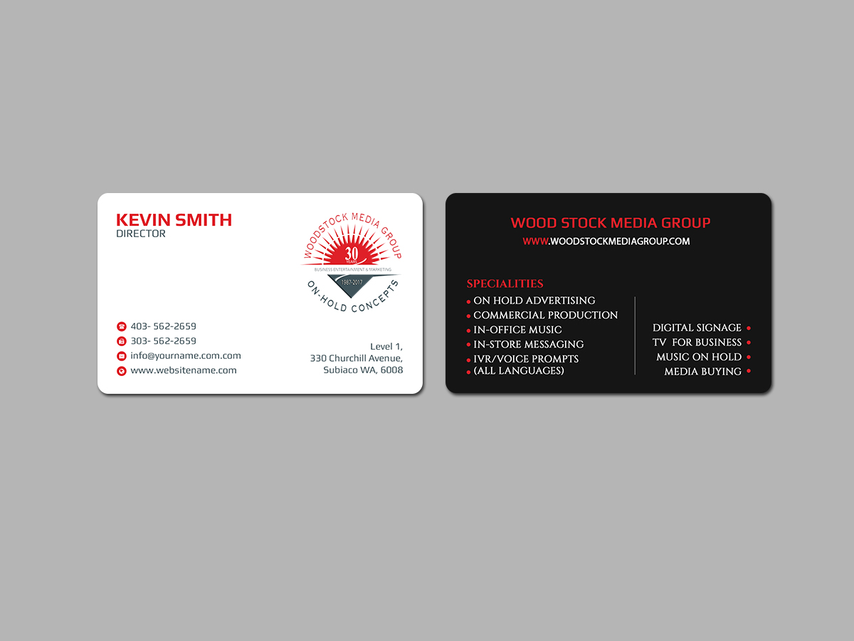 Visitenkarten-Design von Creations Box 2015 für Woodstock Media Group/On-Hold Concepts, Inc. | Design #14445875