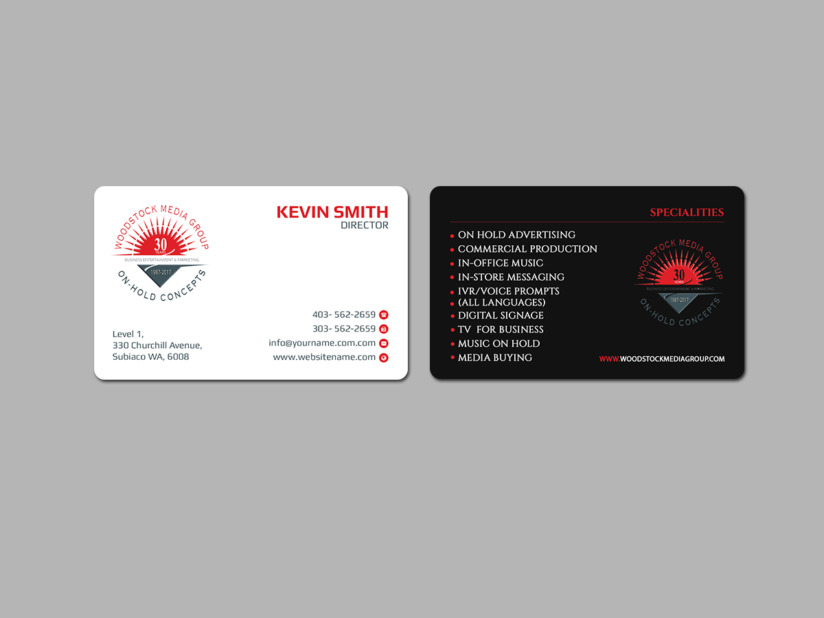 Visitenkarten-Design von Creations Box 2015 für Woodstock Media Group/On-Hold Concepts, Inc. | Design #14445876