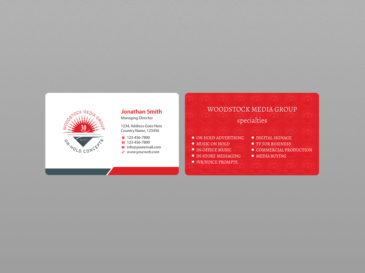 Visitenkarten-Design von Creations Box 2015 für Woodstock Media Group/On-Hold Concepts, Inc. | Design #14445901