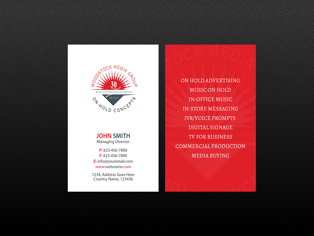 Visitenkarten-Design von Creations Box 2015 für Woodstock Media Group/On-Hold Concepts, Inc. | Design #14445913