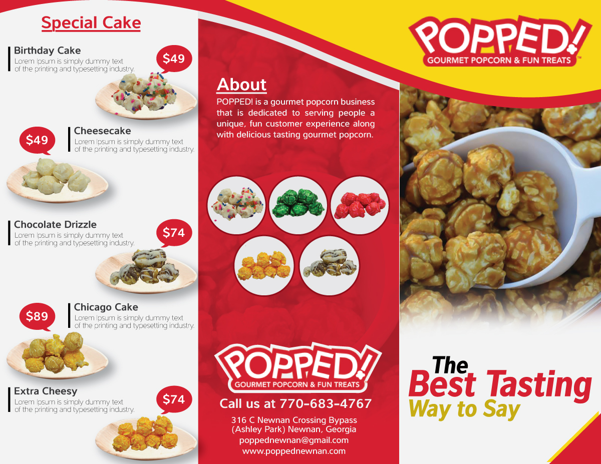 Menu Design by Impressive Sol for Deliciously Popped Gourmet Popcorn Shoppe | Design #14531289
