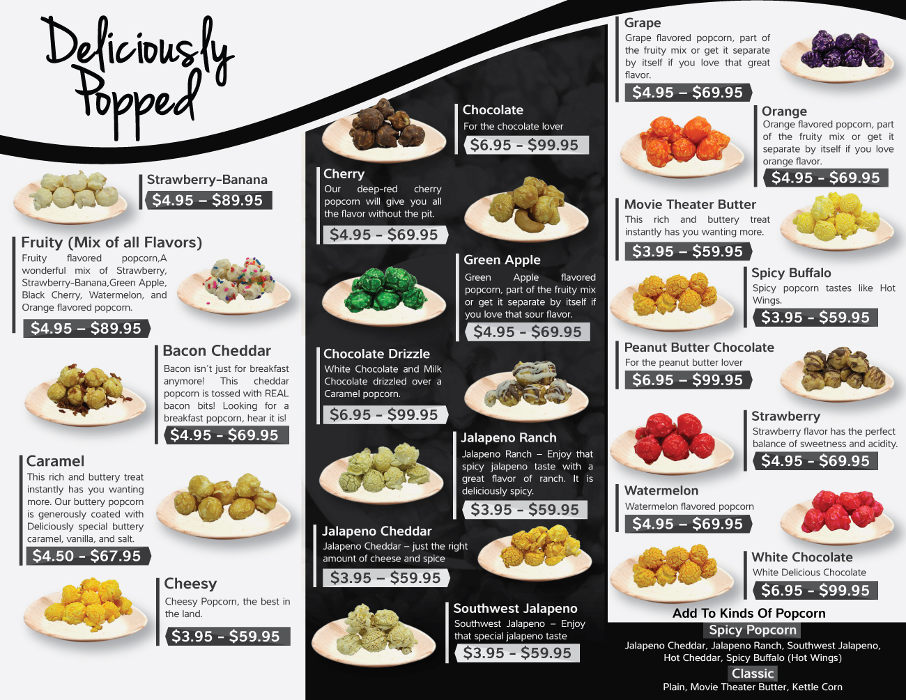 Menu Design by Impressive Sol for Deliciously Popped Gourmet Popcorn Shoppe | Design #14878900