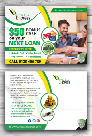 Title loan company needs a postcard design, front/back, for marketing to former customers | Postcard Design by OwnDesign