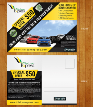 Title loan company needs a postcard design, front/back, for marketing to former customers | Postcard Design by SAI DESIGNS
