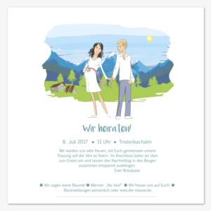 Invitation card with drawings for a mountain wedding