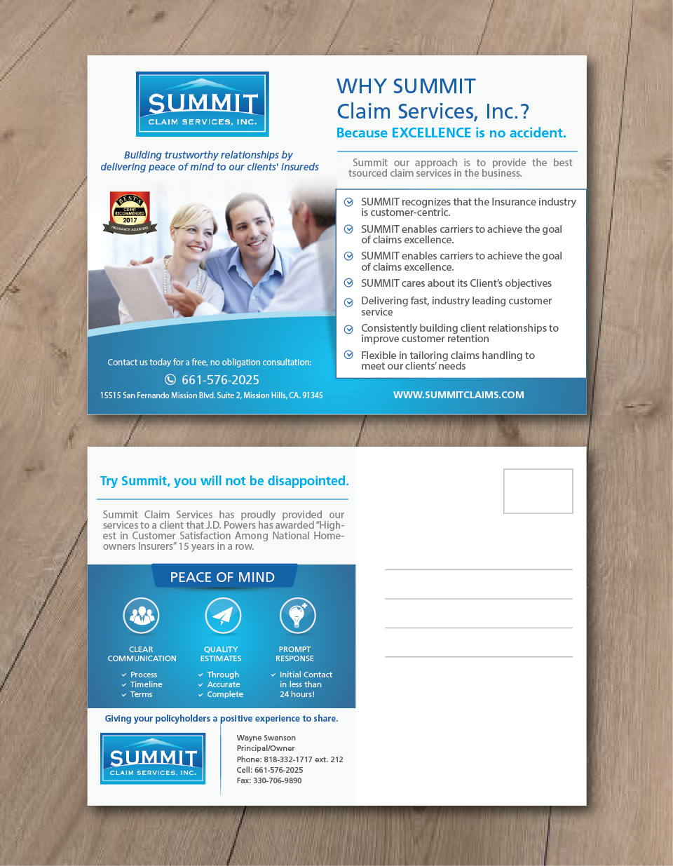 Postkarten-Design von alex989 für Summit Claim Services, Inc. | Design #14595938