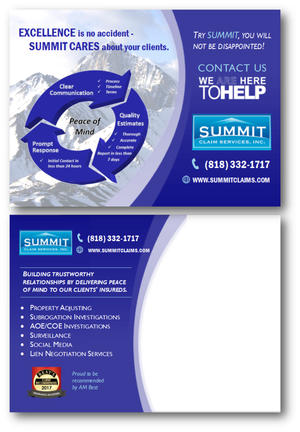 Design de Carte Postale par citygirl17 pour Summit Claim Services, Inc. | Design #14631755