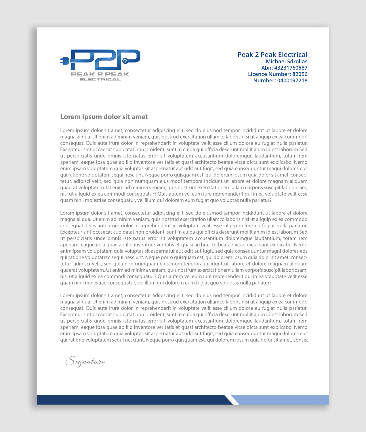 Letterhead Design by AbyJohns for Peak 2 Peak Electrical  | Design #14621885