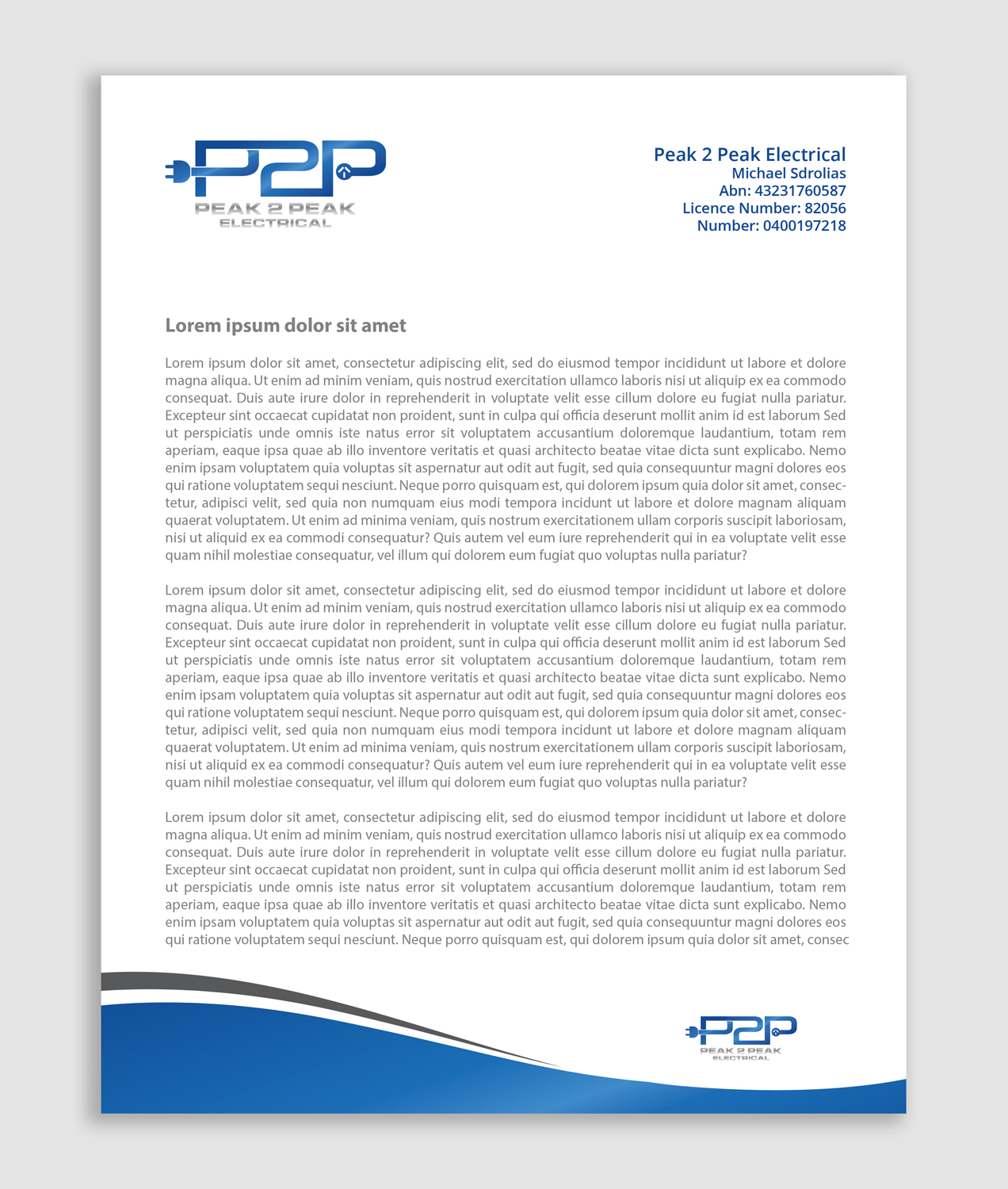 Letterhead Design by AbyJohns for Peak 2 Peak Electrical  | Design #14621886