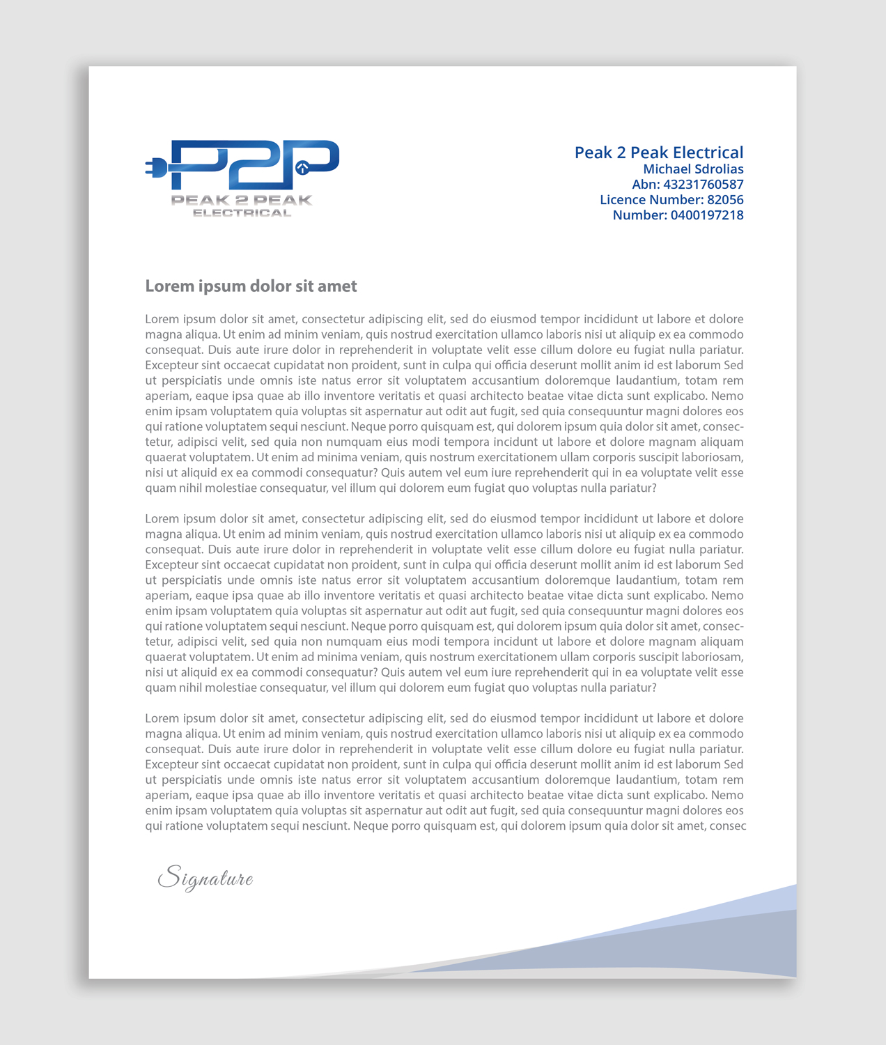 Letterhead Design by AbyJohns for Peak 2 Peak Electrical  | Design #14621889