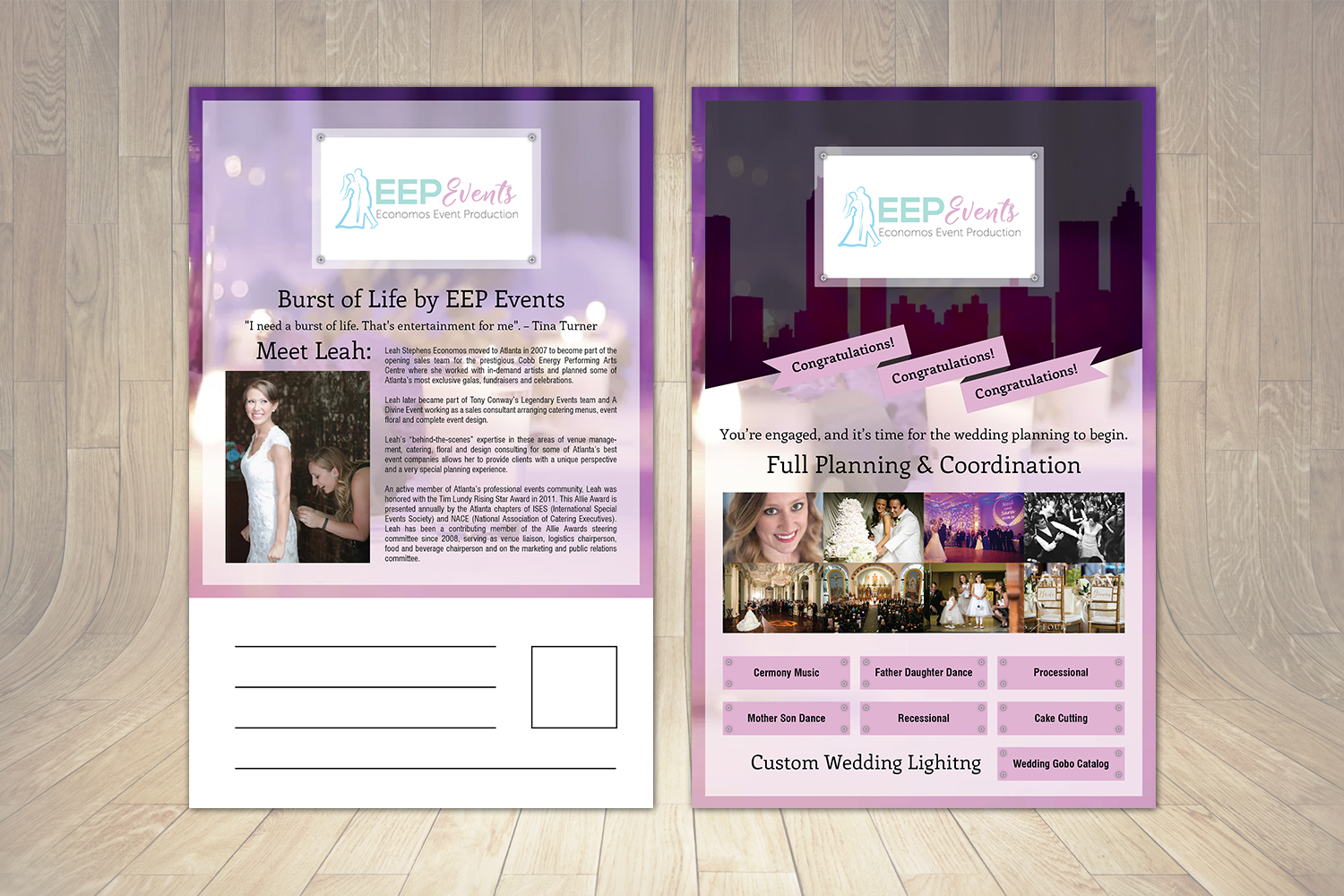 feminine elegant wedding planner flyer design for leah economos by
