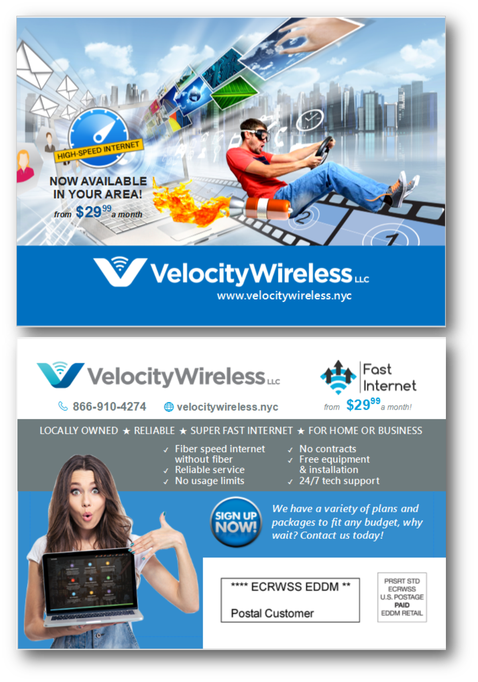Postcard Design by citygirl17 for velocity  wireless llc | Design #15110315