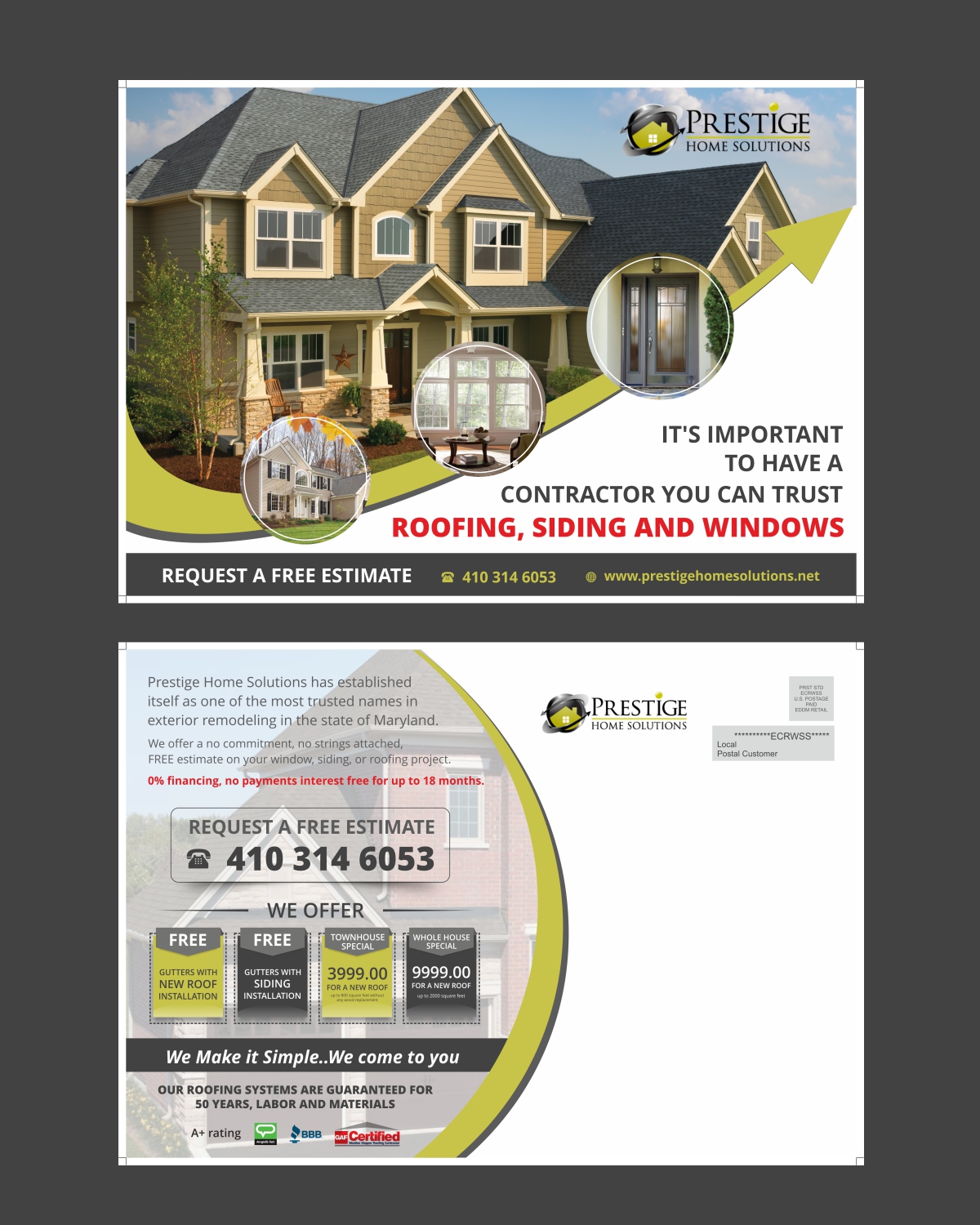 Postcard Design by ecorokerz for Prestige Home Solutions | Design #15362594
