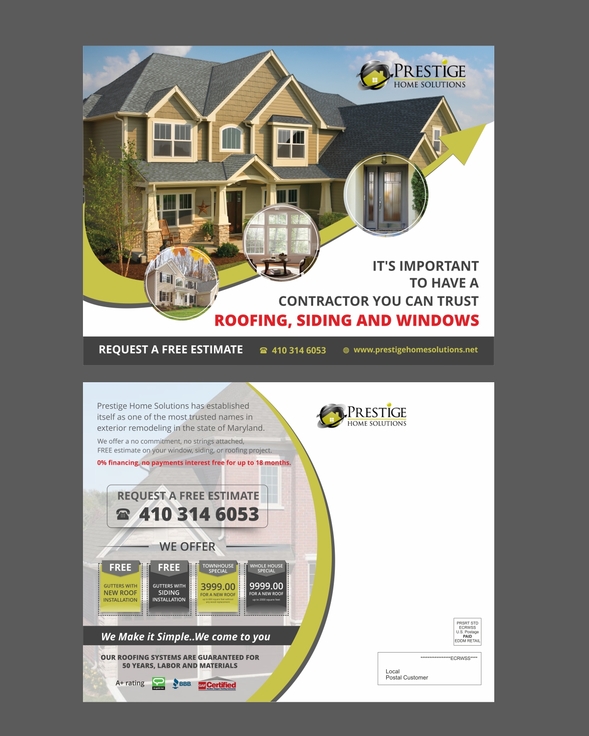 Postcard Design by ecorokerz for Prestige Home Solutions | Design #15368985