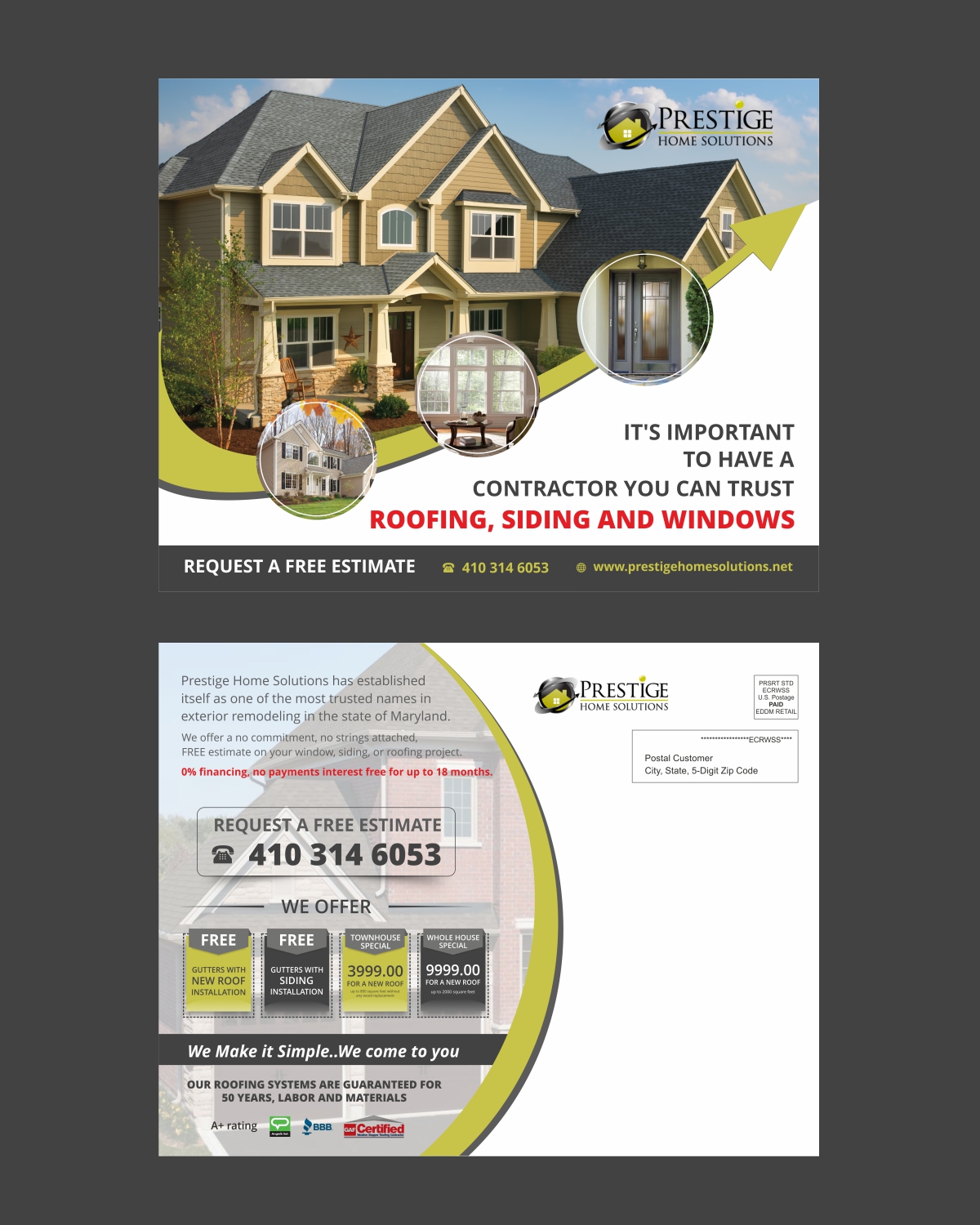Postcard Design by ecorokerz for Prestige Home Solutions | Design #15375924