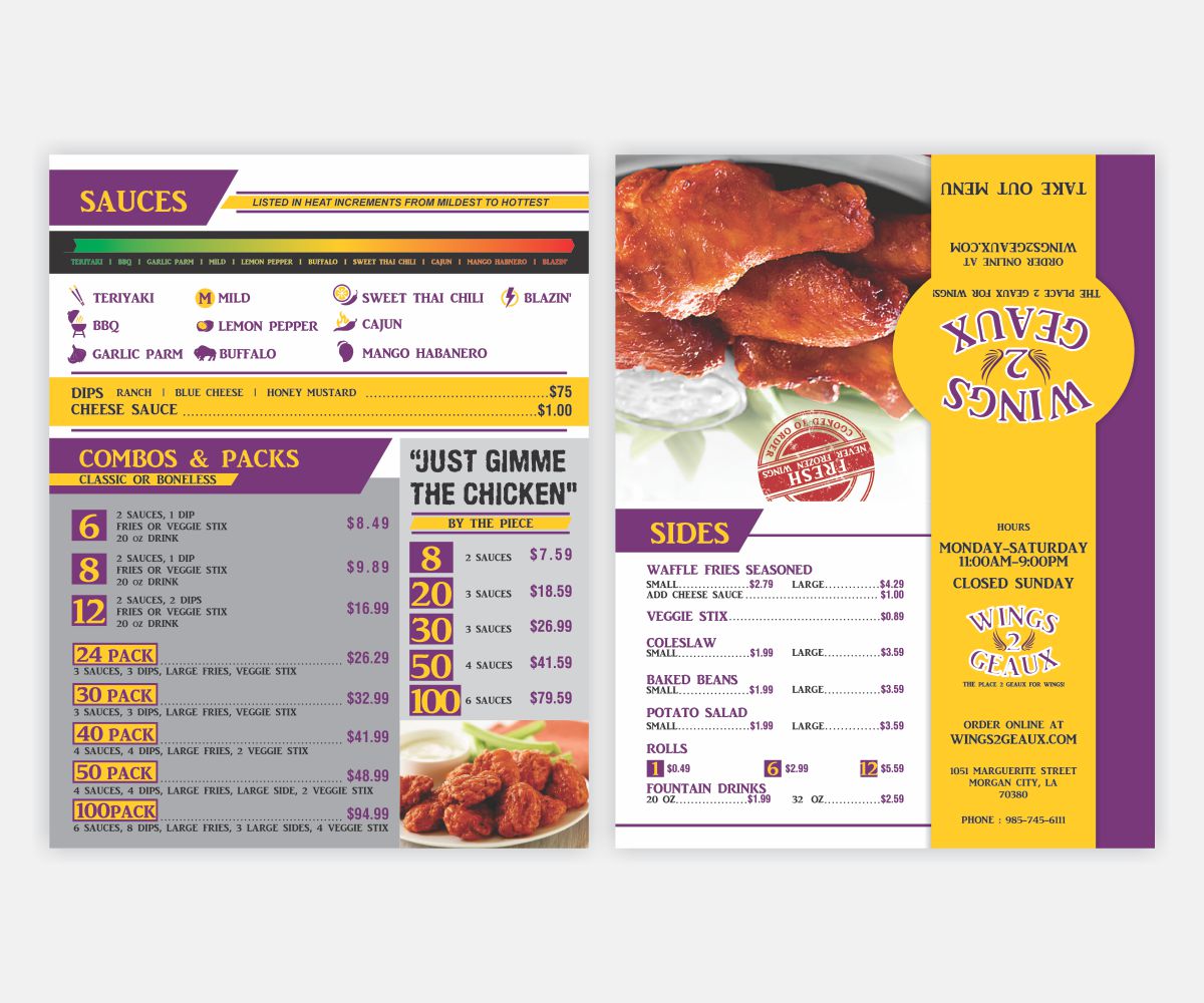 Menu Design by Cut and Glue for Wings2Geaux | Design #16872049