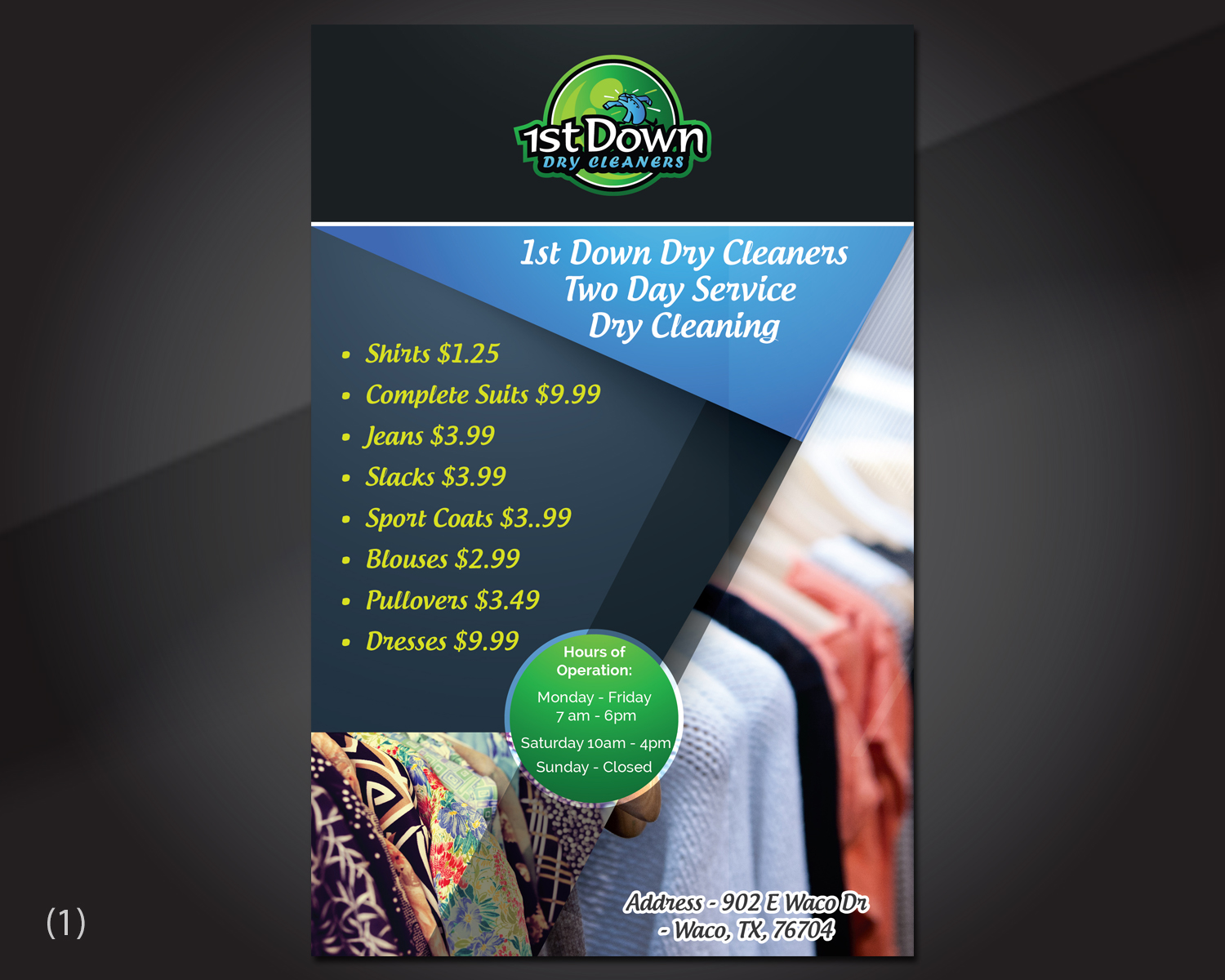 Bold Colorful Dry Cleaner Poster Design For 1st Down Dry
