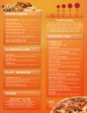 Menu Design by mrmrnjr for Bruno's Pizzeria / Varsity Club | Design: #15836352