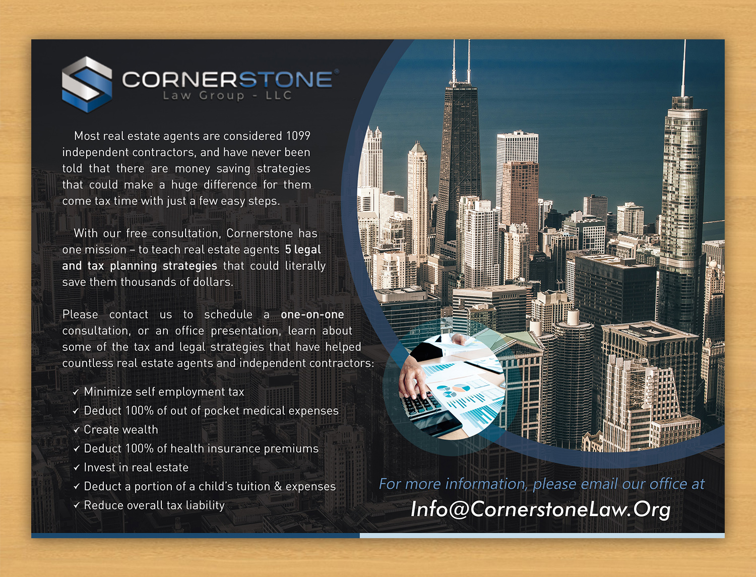 Diseño de Postal por Aether Designs para CORNERSTONE LAW GROUP | Diseño #15887039