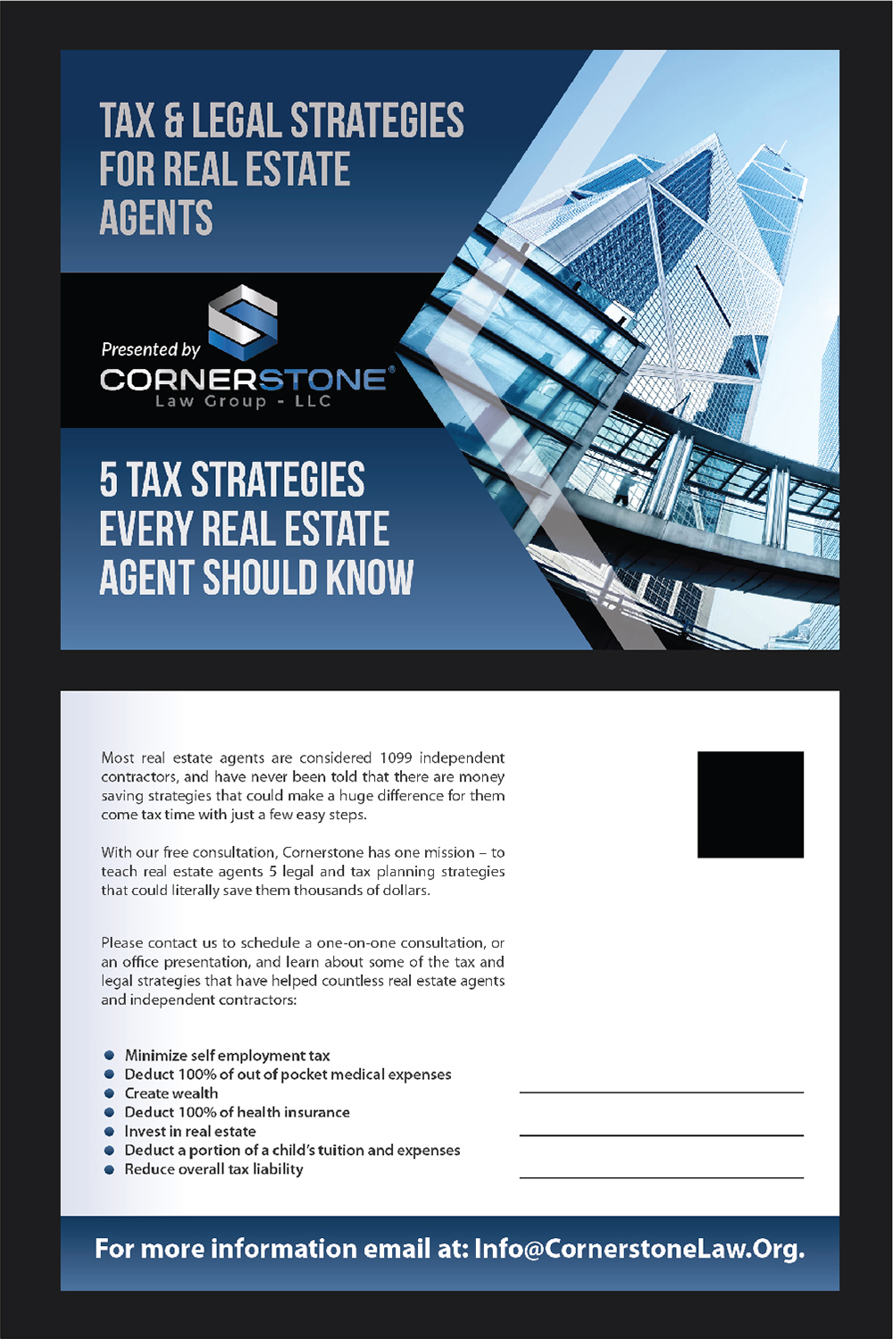 Design de Carte Postale par Deziners Zone pour CORNERSTONE LAW GROUP | Design #15830532