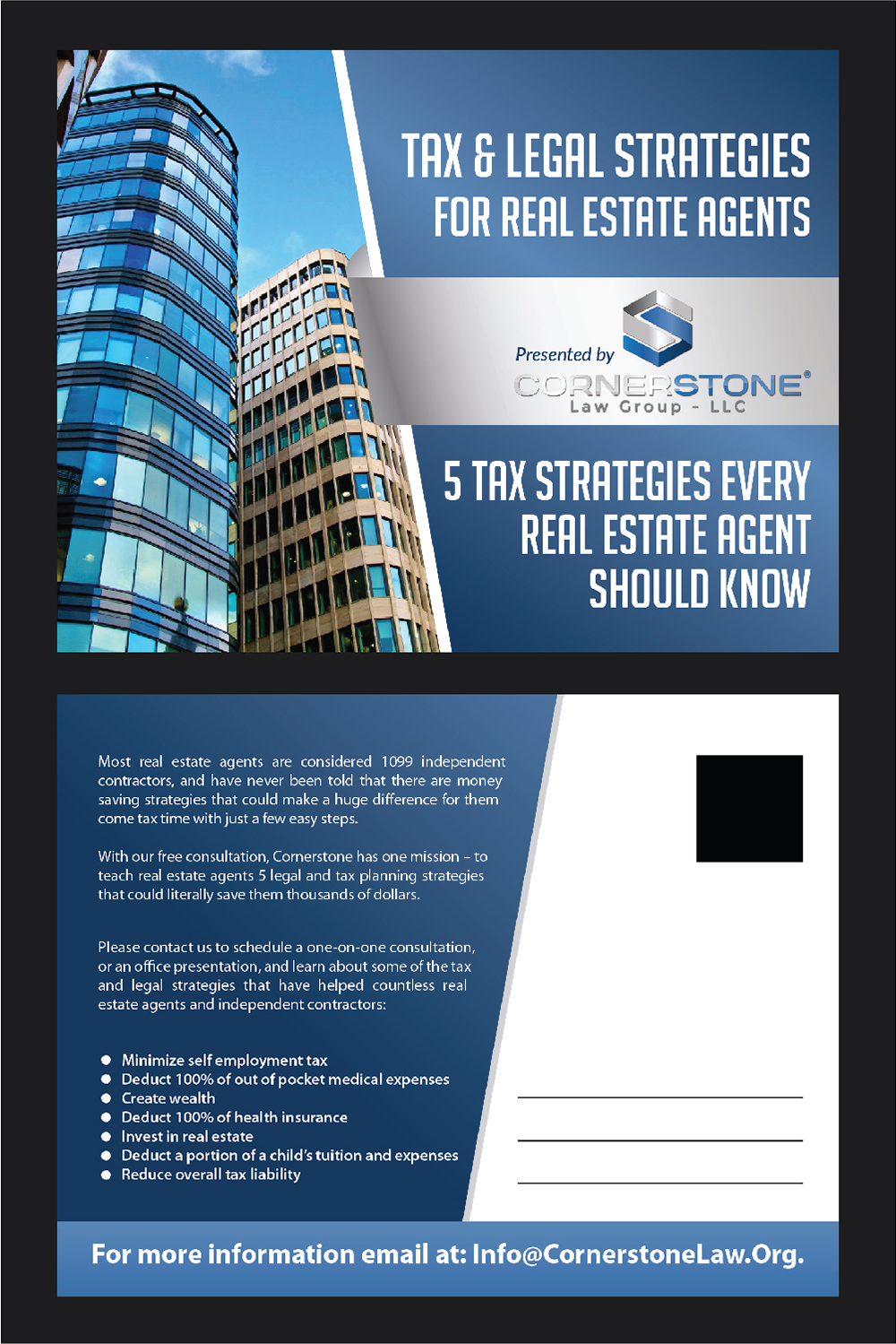 Postcard Design by Deziners Zone for CORNERSTONE LAW GROUP | Design #15830533