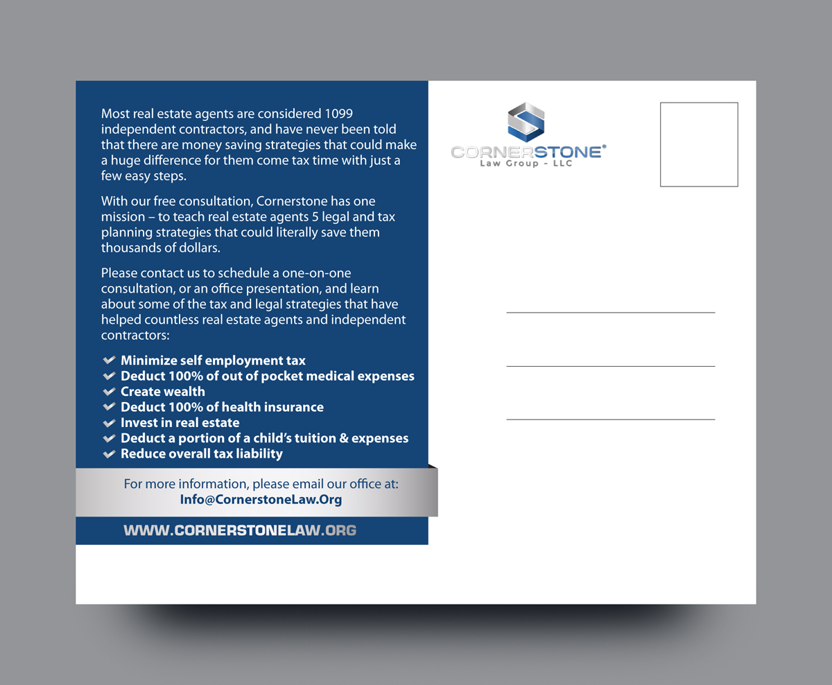 Postkarten-Design von rkailas für CORNERSTONE LAW GROUP | Design #15932494