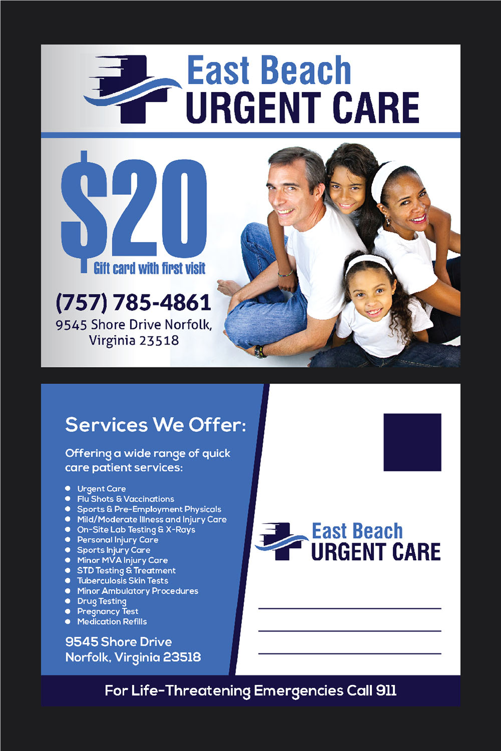 Postkarten-Design von Deziners Zone für East Beach Urgent Care | Design #15949328