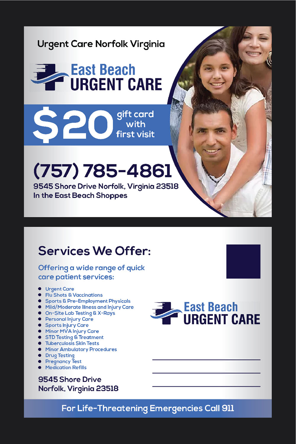 Design de Carte Postale par Deziners Zone pour East Beach Urgent Care | Design #15949329