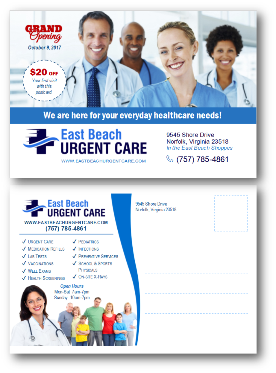 Postkarten-Design von citygirl17 für East Beach Urgent Care | Design #15943309