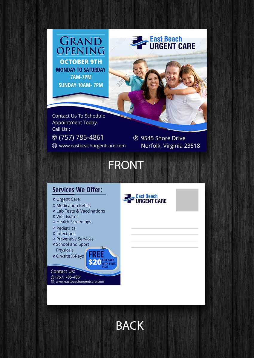 Postkarten-Design von ecorokerz für East Beach Urgent Care | Design #15937926