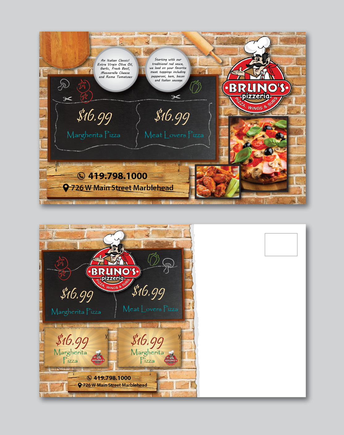 Postcard Design by alex989 for Bruno's Pizzeria / Varsity Club | Design #16008563