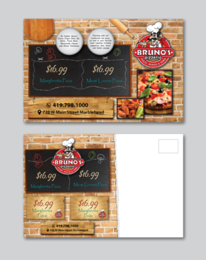 Design de Carte Postale par alex989 pour Bruno's Pizzeria / Varsity Club | Design : #16008563