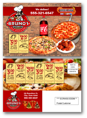 Bruno's Pizzeria Direct Mail Postcard | Postcard Design by citygirl17