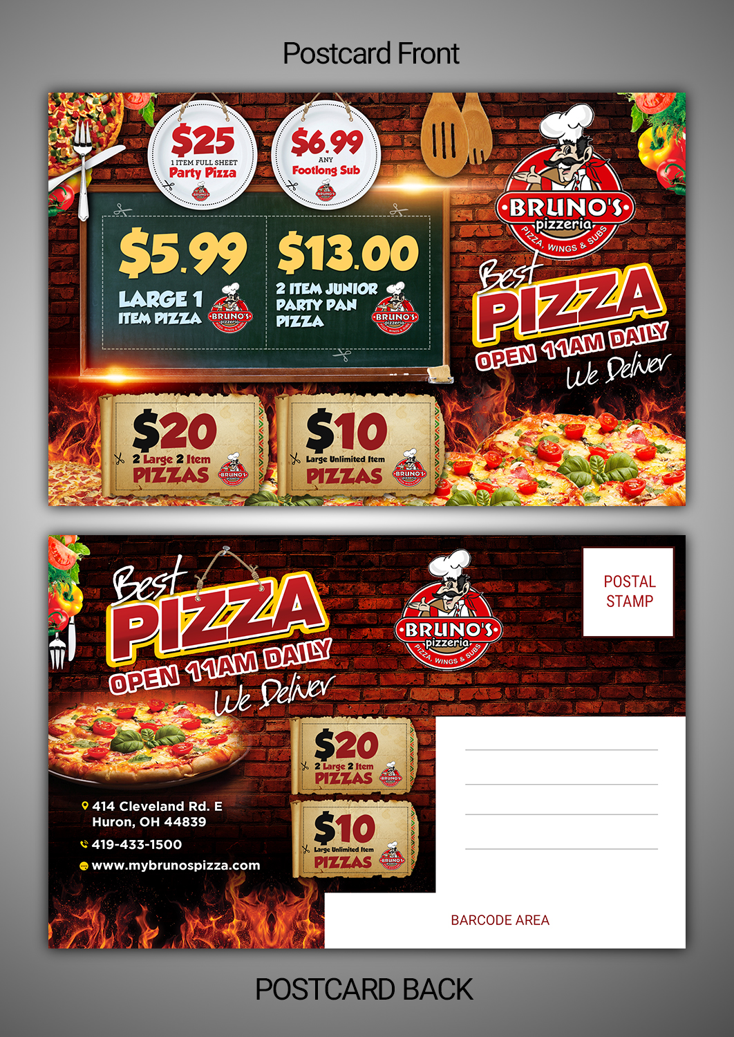 Postcard Design by SAI DESIGNS for Bruno's Pizzeria / Varsity Club | Design #16027719