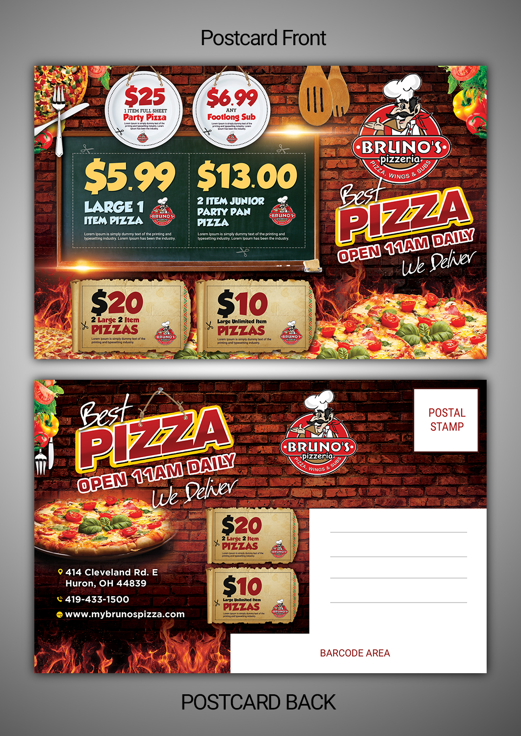 Postcard Design by SAI DESIGNS for Bruno's Pizzeria / Varsity Club | Design #16057818