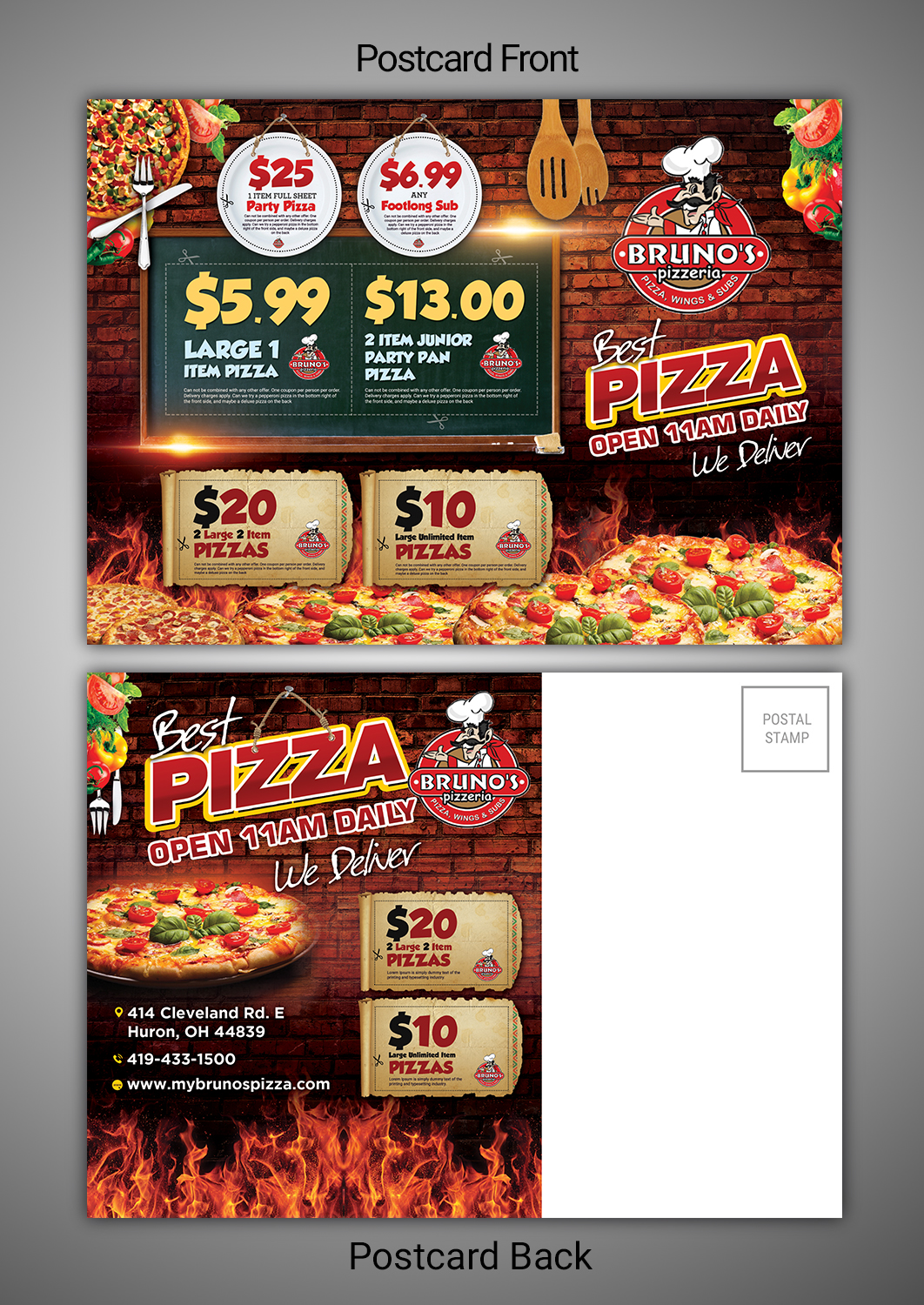 Postcard Design by SAI DESIGNS for Bruno's Pizzeria / Varsity Club | Design #16198867