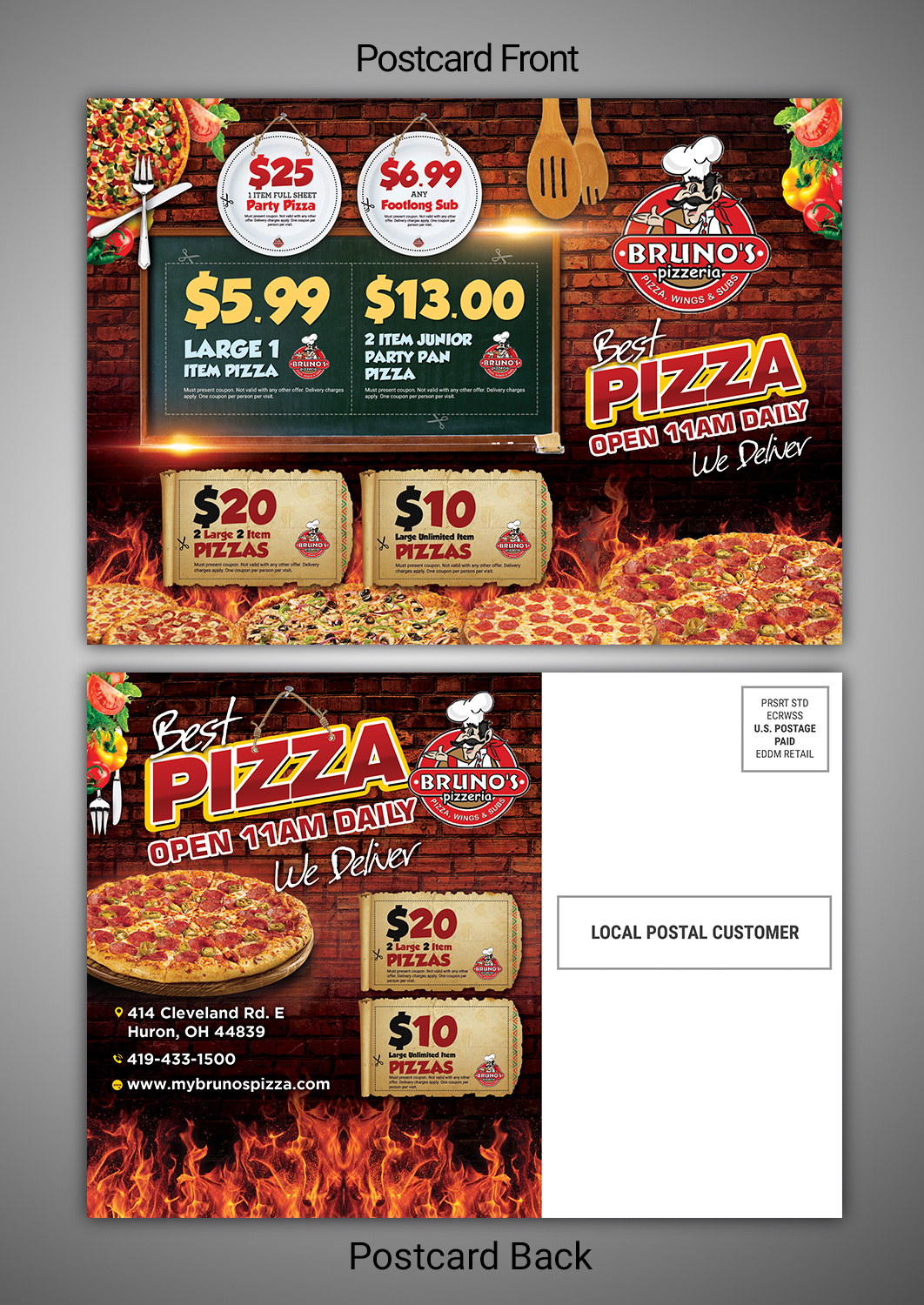 Postcard Design by SAI DESIGNS for Bruno's Pizzeria / Varsity Club | Design #16353832