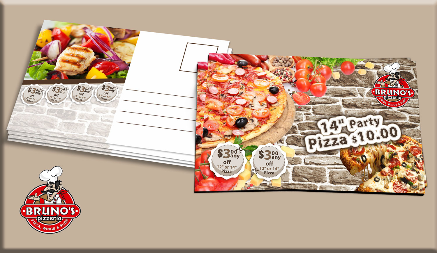 Postcard Design by Petter Goms for Bruno's Pizzeria / Varsity Club | Design #16047481