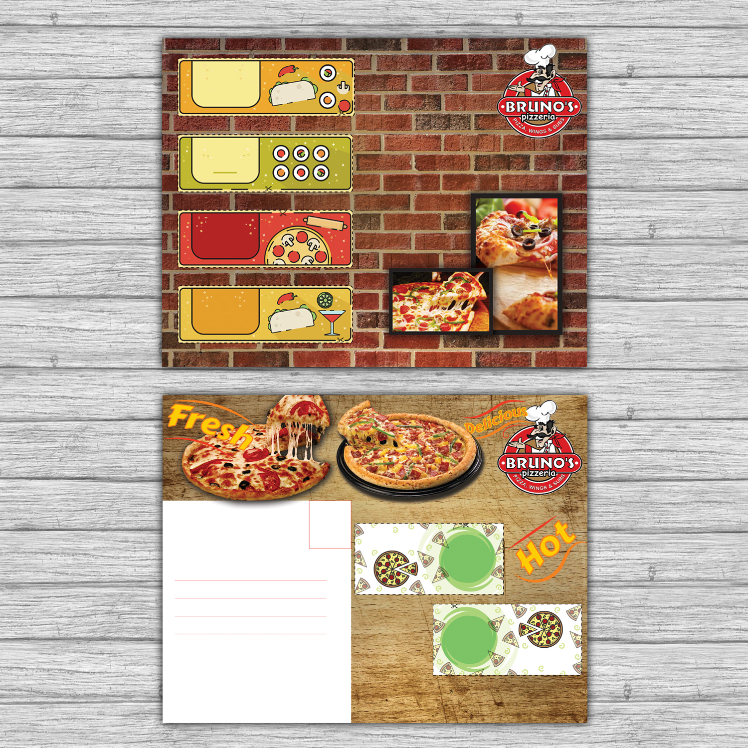 Postkarten-Design von Eppeok für Bruno's Pizzeria / Varsity Club | Design #16049617