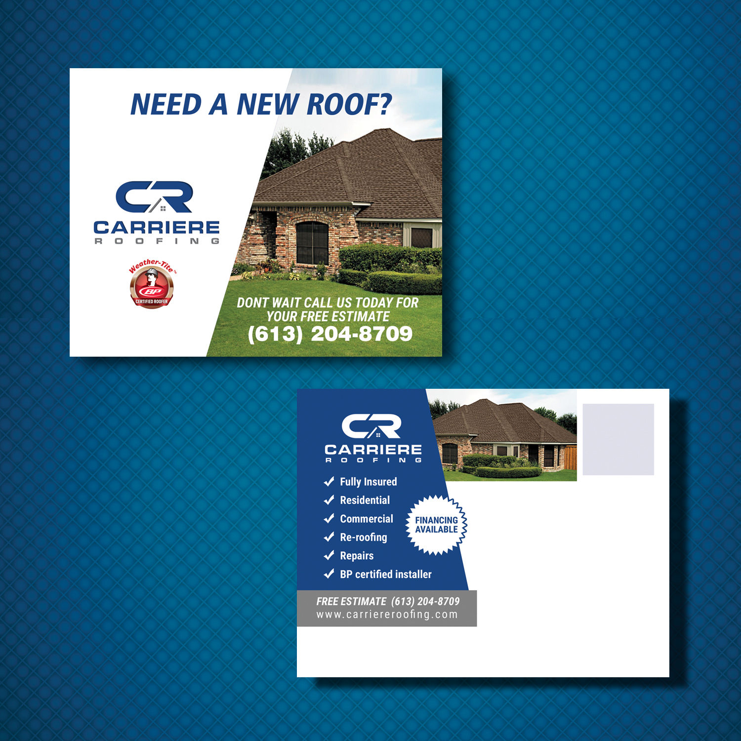 Postcard Design by uk for Carriere Roofing | Design #16255554