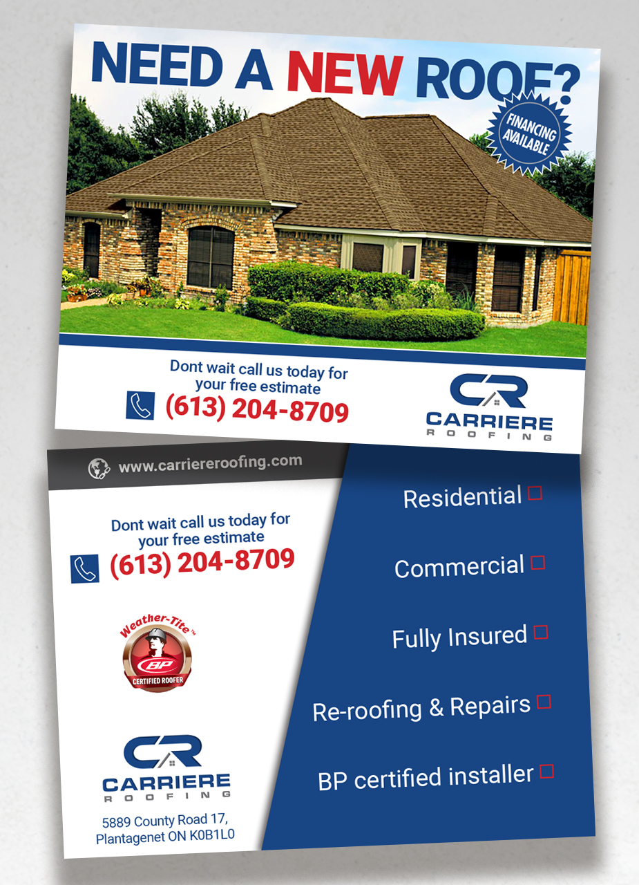 Postcard Design by andrew3344 for Carriere Roofing | Design #16276563