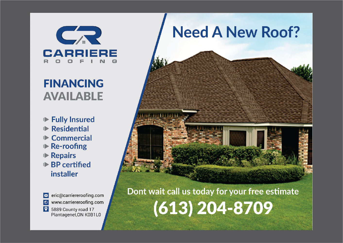 Postcard Design by Deziners Zone for Carriere Roofing | Design #16282127