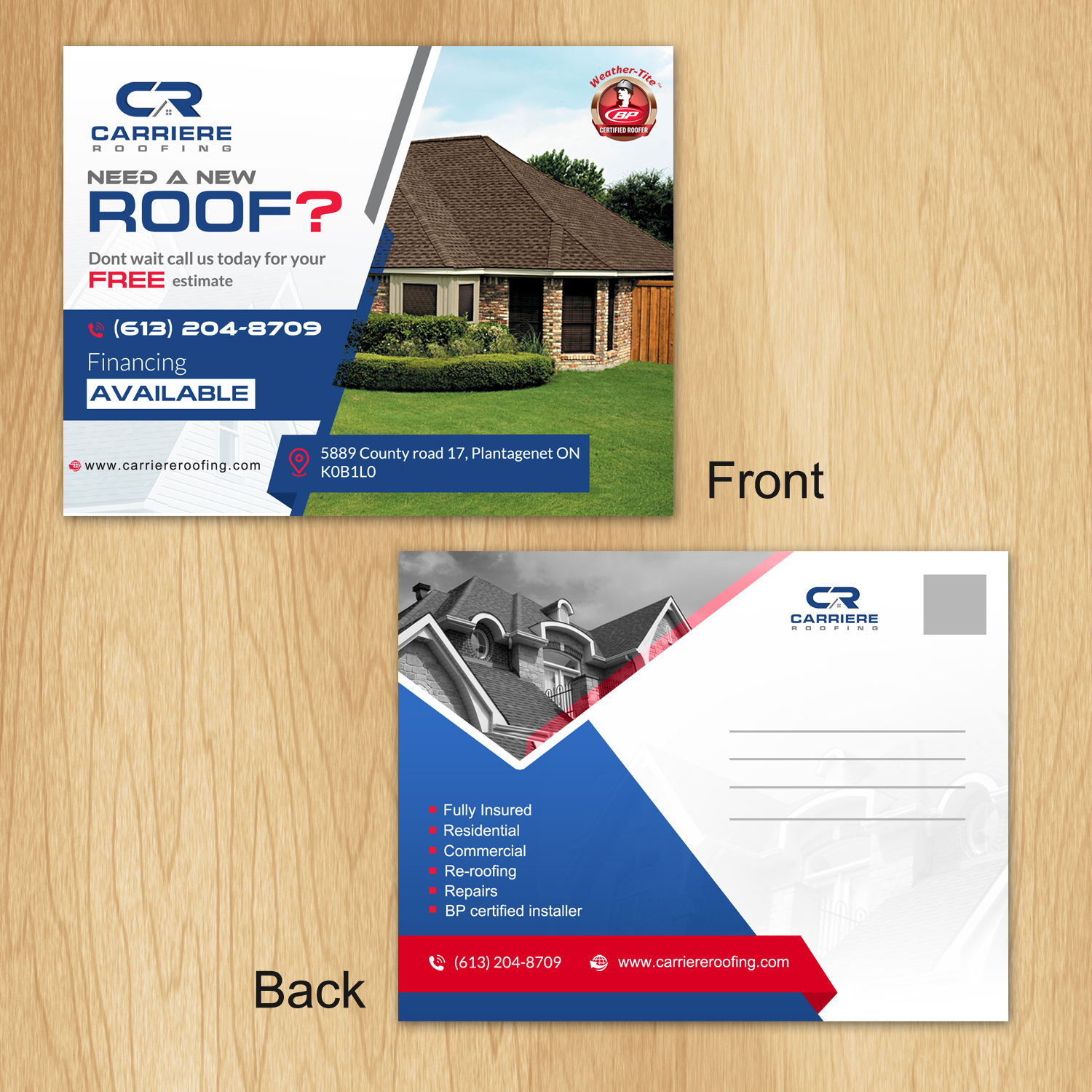 Postcard Design by creative.bugs for Carriere Roofing | Design #16329810