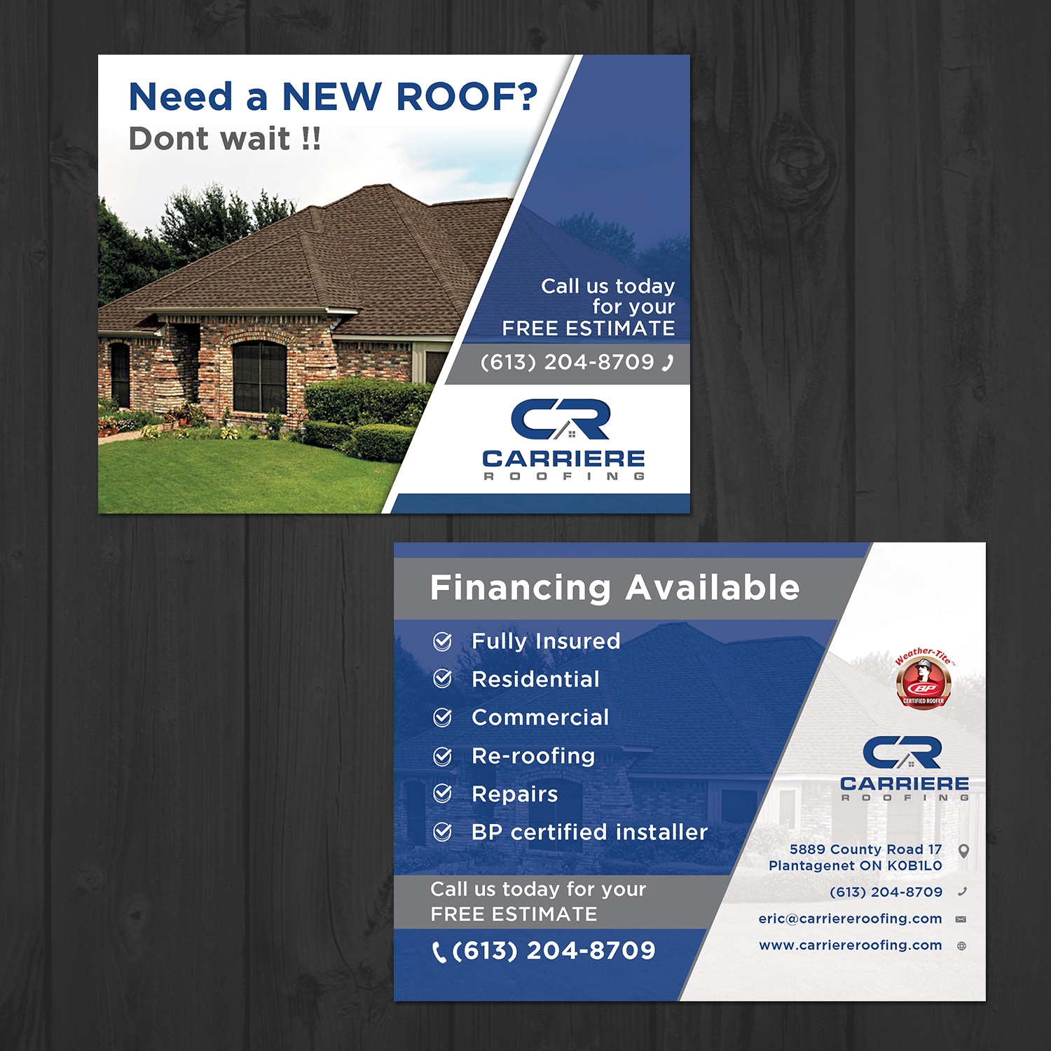 Diseño de Postal por aspiremedia para Carriere Roofing | Diseño #16323500