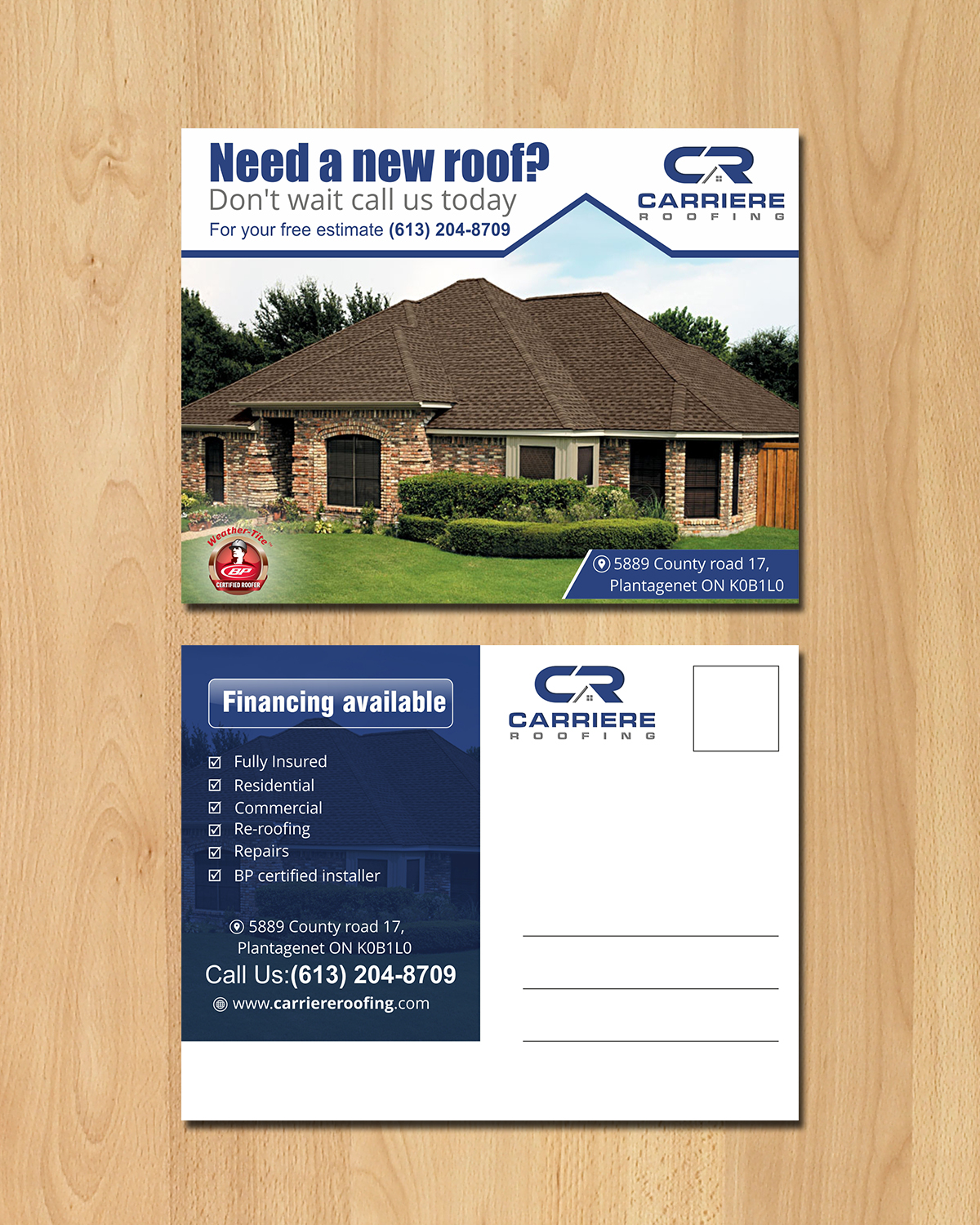 Postcard Design by ecorokerz for Carriere Roofing | Design #16292327
